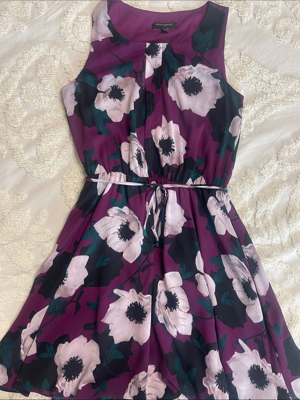 Banana Republic Plum Floral Tie-Waist Sleeveless Dress
